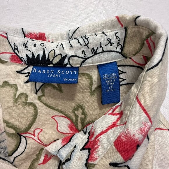 Karen Scott Top Women’s Sz 2X Floral Button Up Long Sleeve Roll Tab Linen Rayon - Picture 6 of 8